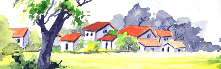 gemaltes Bild von Häusern in ländlicher Region